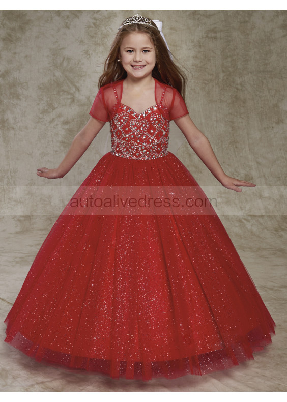 Beaded Shimmering Tulle Flower Girl Dress With Bolero Beaded Shimmering Tulle Flower Girl Dress With Bolero